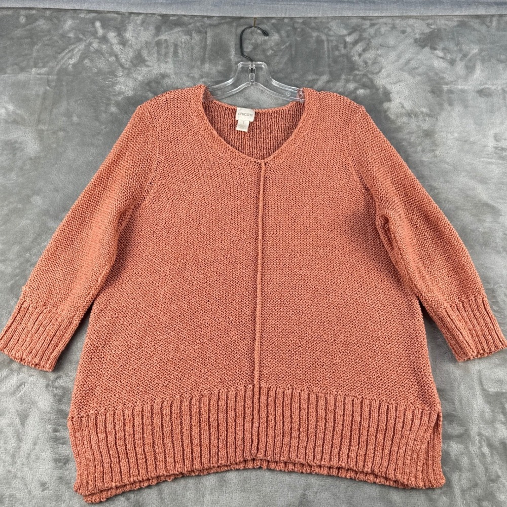 Chico's Sweater Womens 1 Small V-Neck Coral Pink Chunky Knit Side Slit EUC